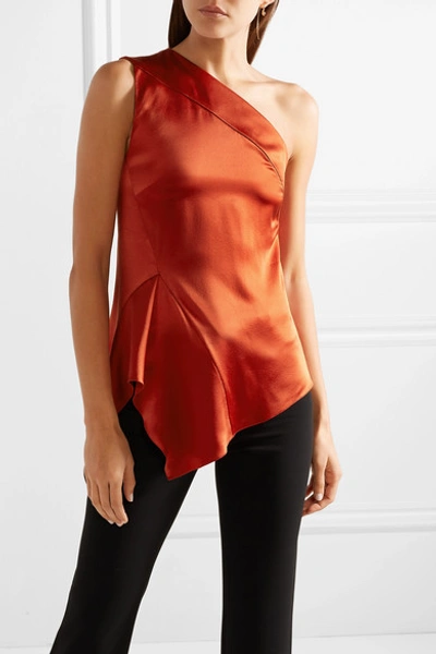 Shop Narciso Rodriguez One-shoulder Draped Silk-charmeuse Top In Brick