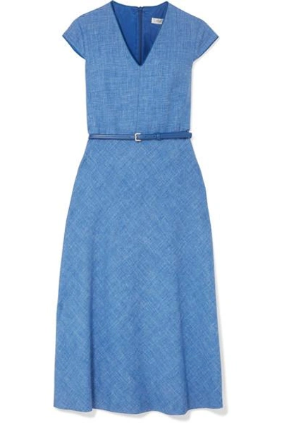 Shop Max Mara Caramba Silk, Linen And Wool-blend Midi Dress In Blue