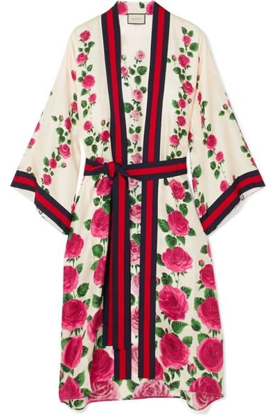 Gucci Le Jardin De Rose Grosgrain-trimmed Printed Silk-twill Dressing Gown  In Pink | ModeSens
