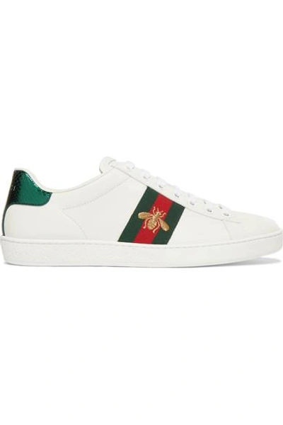 Shop Gucci Ace Watersnake-trimmed Embroidered Leather Sneakers In White