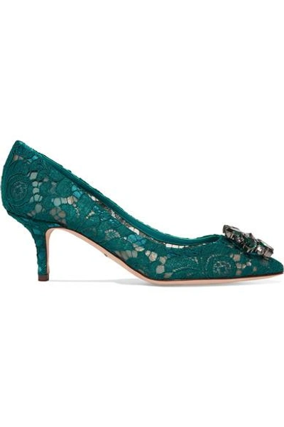 Shop Dolce & Gabbana Crystal-embellished Corded Lace Pumps In Emerald