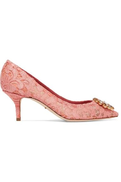 Shop Dolce & Gabbana Crystal-embellished Corded Lace Pumps In Bright Pink