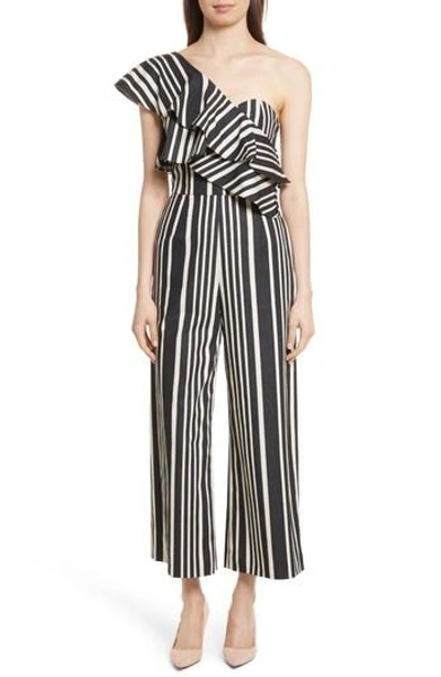 Shop Alice And Olivia Sabeen Ruffle Stripe Crop Jumpsuit In Black/ White