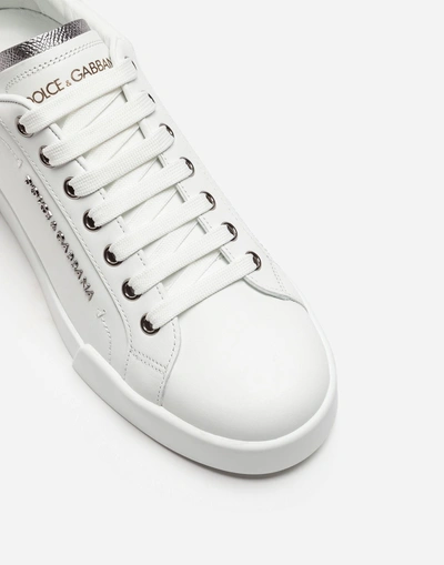 Shop Dolce & Gabbana Leather Portofino Sneakers With Logo Bead In White/silver