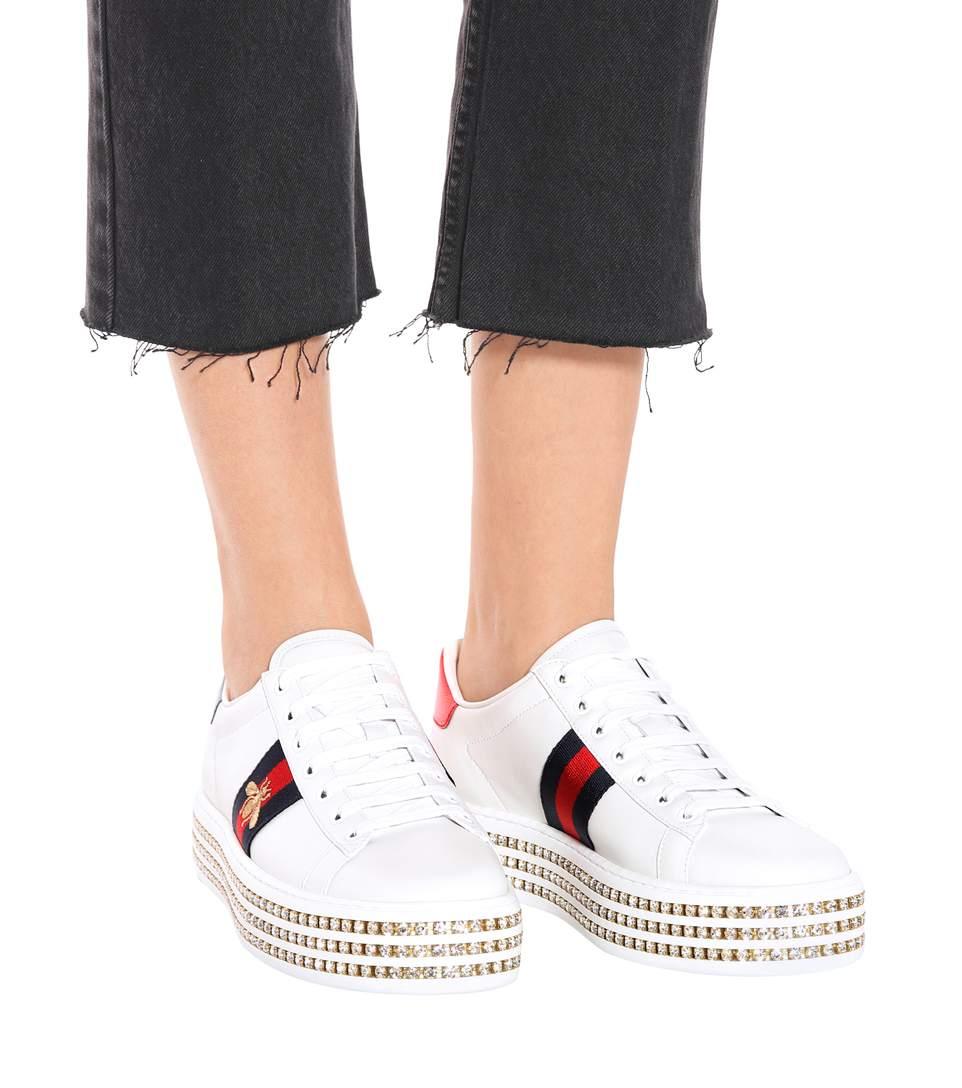 gucci white crystal new ace sneakers