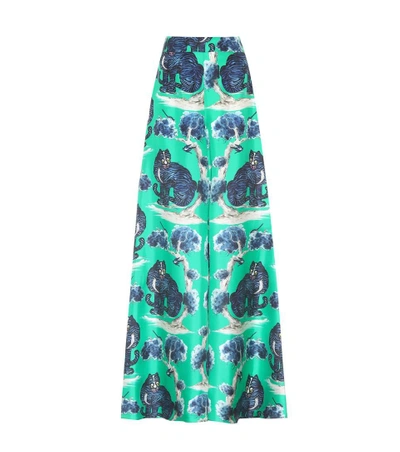 Shop Gucci Printed Silk Trousers In Green