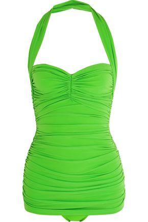 Norma Kamali Woman Bill Mio Ruched Halterneck Swimsuit Green | ModeSens