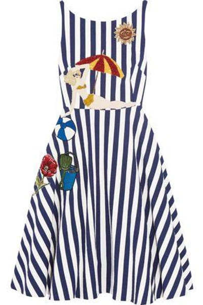 Shop Dolce & Gabbana Woman Embellished Striped Cotton-blend Dress Navy