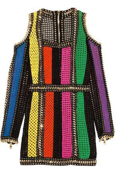 Shop Balmain Woman Cold-shoulder Embellieshed Crochet-knit Mini Dress Multicolor