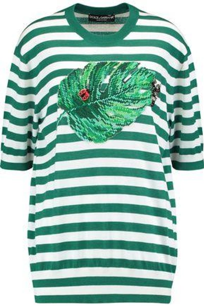 Shop Dolce & Gabbana Appliquéd Striped Cashmere And Silk-blend Top In Green