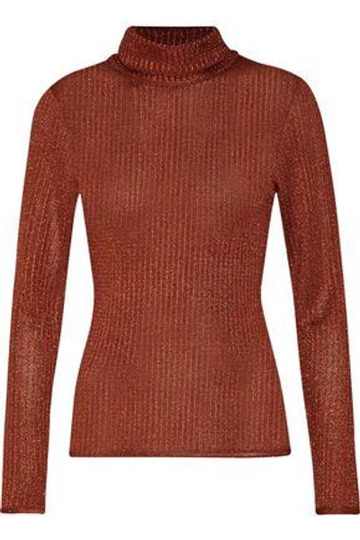 Shop Alice And Olivia Woman Billi Metallic Stretch-knit Turtleneck Sweater Copper