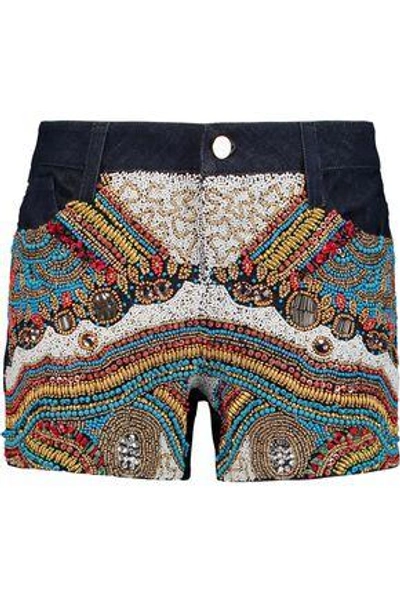 Shop Alice And Olivia Woman Rumi Embellished Denim Shorts Dark Denim