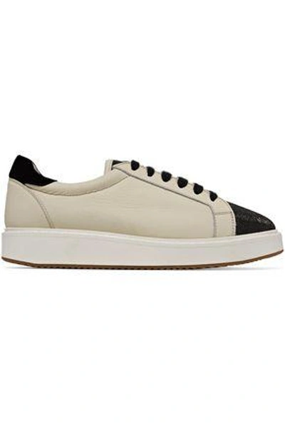 Shop Brunello Cucinelli Woman Embellished Suede-trimmed Textured-leather Sneakers Ecru
