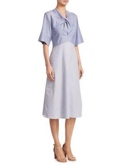 Shop Carven Twist Front Pinstripe Midi Dress In White Night Blue