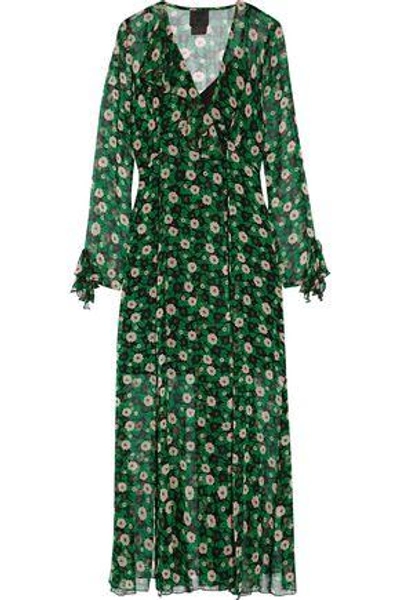 Shop Anna Sui Woman Ruffle-trimmed Floral-print Silk-georgette Wrap Dress Leaf Green