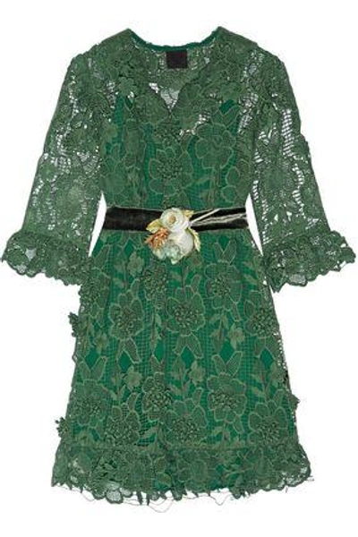 Shop Anna Sui Camilla Velvet-trimmed Crocheted Lace Mini Dress In Jade