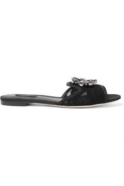 Shop Dolce & Gabbana Woman Embellished Corded Lace Slides Black