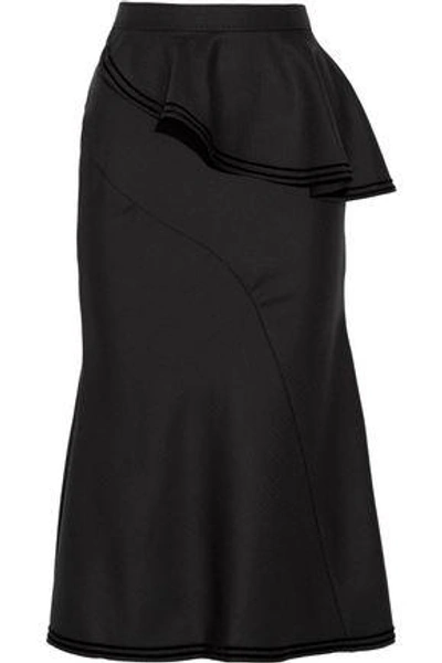 Shop Givenchy Asymmetric Velvet-trimmed Ruffled Wool Midi Skirt In Black