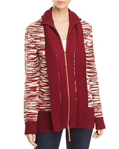 Shop Tory Burch Olivia Wool Zip-front Cardigan In New Ivory/red Cordovan