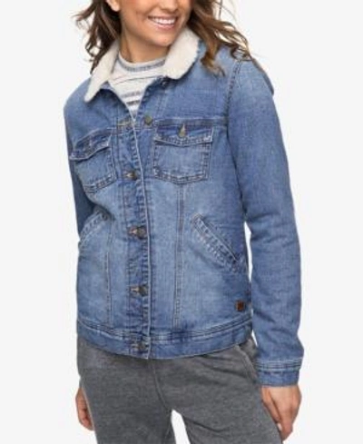 Shop Roxy Juniors' Cotton Faux-fur-trim Denim Jacket In Blue