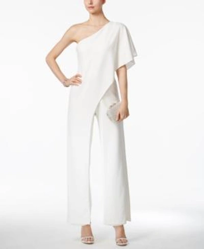 Shop Adrianna Papell Petite Draped One-shoulder Jumpsuit In Ivory
