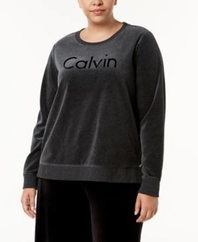 Shop Calvin Klein Performance Plus Size Velour Logo Sweatshirt In Slate Heather