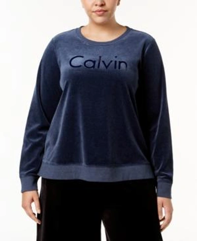 Shop Calvin Klein Performance Plus Size Velour Logo Sweatshirt In Stonewash Heather