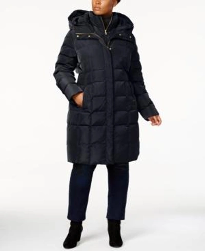 Shop Cole Haan Signature Plus Size Layered Down Puffer Coat In Navy