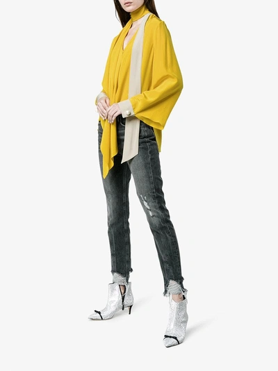 Shop Fendi Asymmetric Tie Neck Silk Blouse In Yellow&orange
