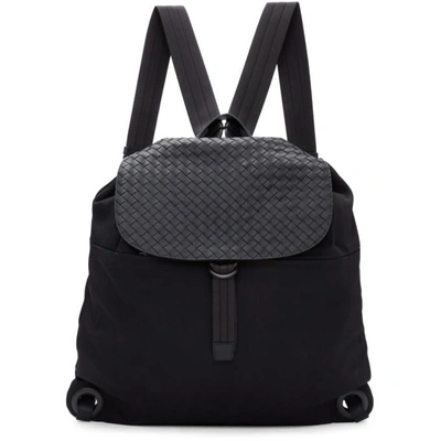 Shop Bottega Veneta Black Intrecciato Leather And Canvas Backpack In 1000 Black