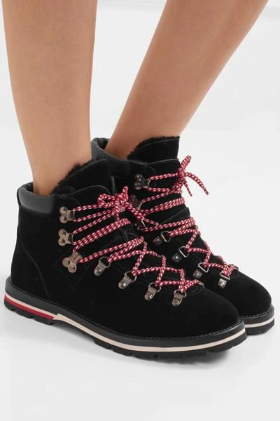 Shop Moncler Blanche Shearling-lined Velvet Ankle Boots In Black