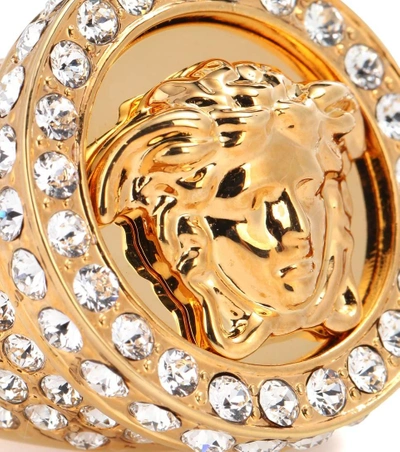 Shop Versace Crystal-embellished Medusa Ring In Gold