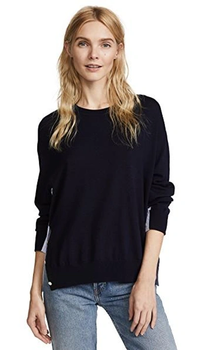 Shop Adam Lippes Wool Sweater With Woven Sides In Navy/blue Multi