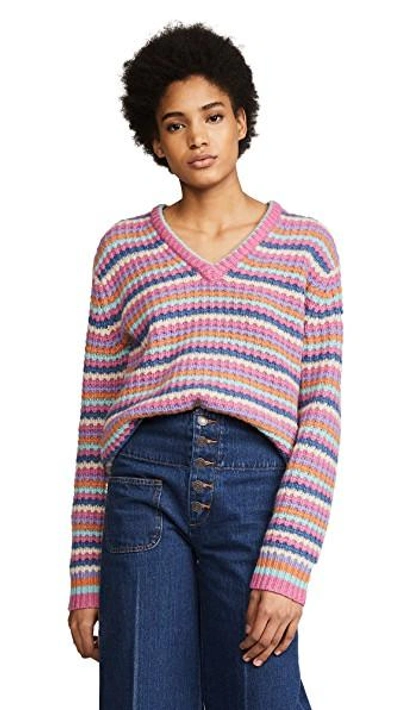 Shop Marc Jacobs Long Sleeve V Neck Sweater In Pink Multi