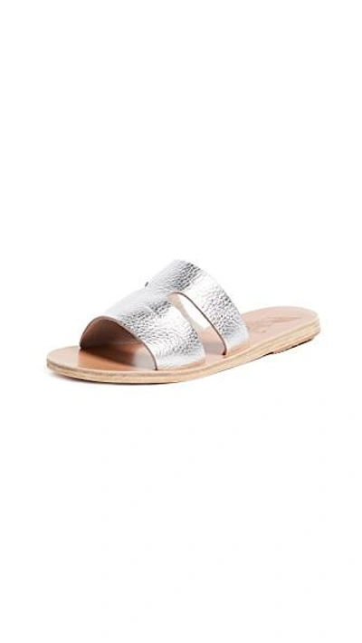 Shop Ancient Greek Sandals Apteros Slide Sandals In Metal Silver