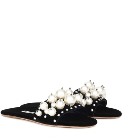 Shop Miu Miu Embellished Velvet Slides In Black