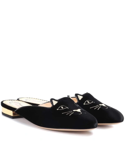 Shop Charlotte Olympia Kitty Velvet Slippers In Black
