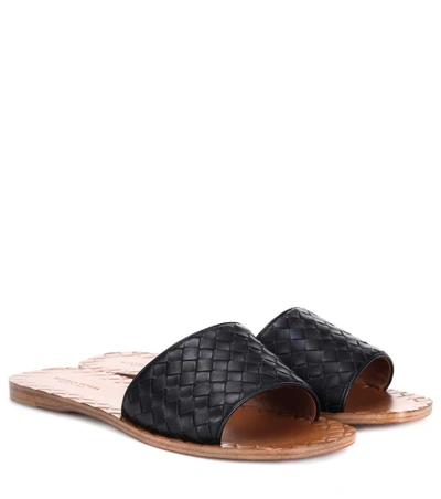 Shop Bottega Veneta Intrecciato Leather Slides In Black