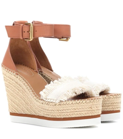 Shop See By Chloé Leather And Canvas Wedge Sandals In Brown