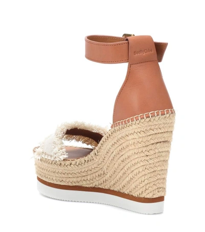 Shop See By Chloé Leather And Canvas Wedge Sandals In Brown