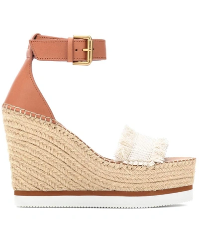 Shop See By Chloé Leather And Canvas Wedge Sandals In Brown
