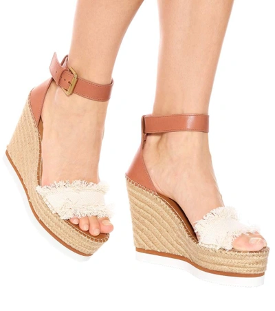 Shop See By Chloé Leather And Canvas Wedge Sandals In Brown
