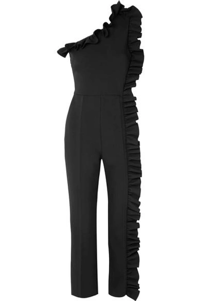 Shop Msgm One-shoulder Ruffled Crepe Jumpsuit In Black
