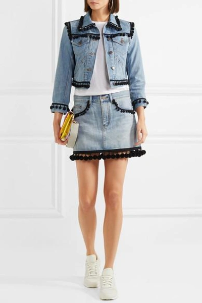 Shop Marc Jacobs Pompom-embellished Denim Mini Skirt In Blue