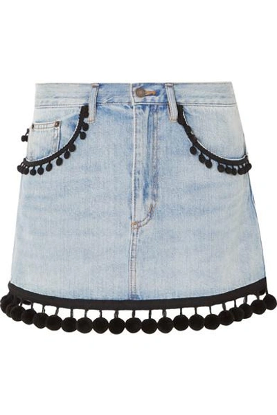 Shop Marc Jacobs Pompom-embellished Denim Mini Skirt In Blue