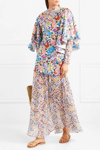 Shop All Things Mochi Flora Printed Cotton-voile And Chiffon Maxi Dress In Blue
