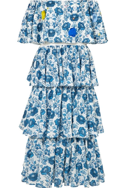 Shop All Things Mochi Barta Off-the-shoulder Printed Cotton Midi Dress In Azure