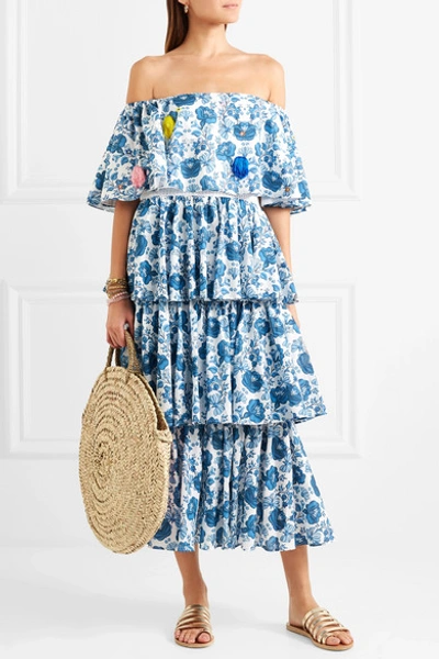 Shop All Things Mochi Barta Off-the-shoulder Printed Cotton Midi Dress In Azure