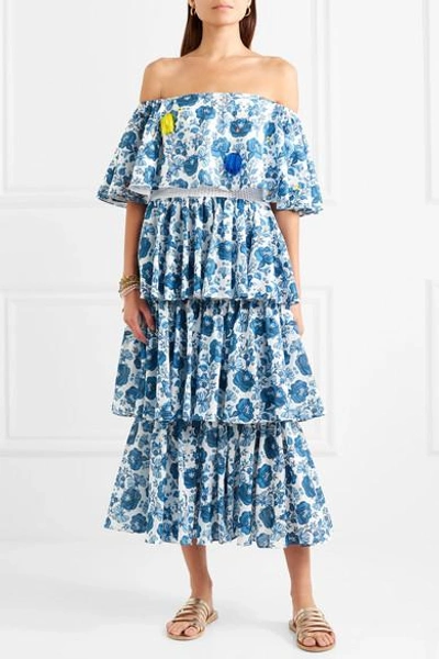 Shop All Things Mochi Barta Off-the-shoulder Printed Cotton Midi Dress In Azure