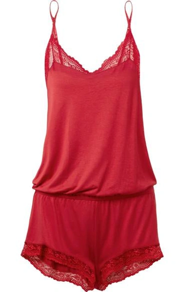 Shop Eberjey Colette Teddy Lace-trimmed Stretch-modal Jersey Playsuit In Red